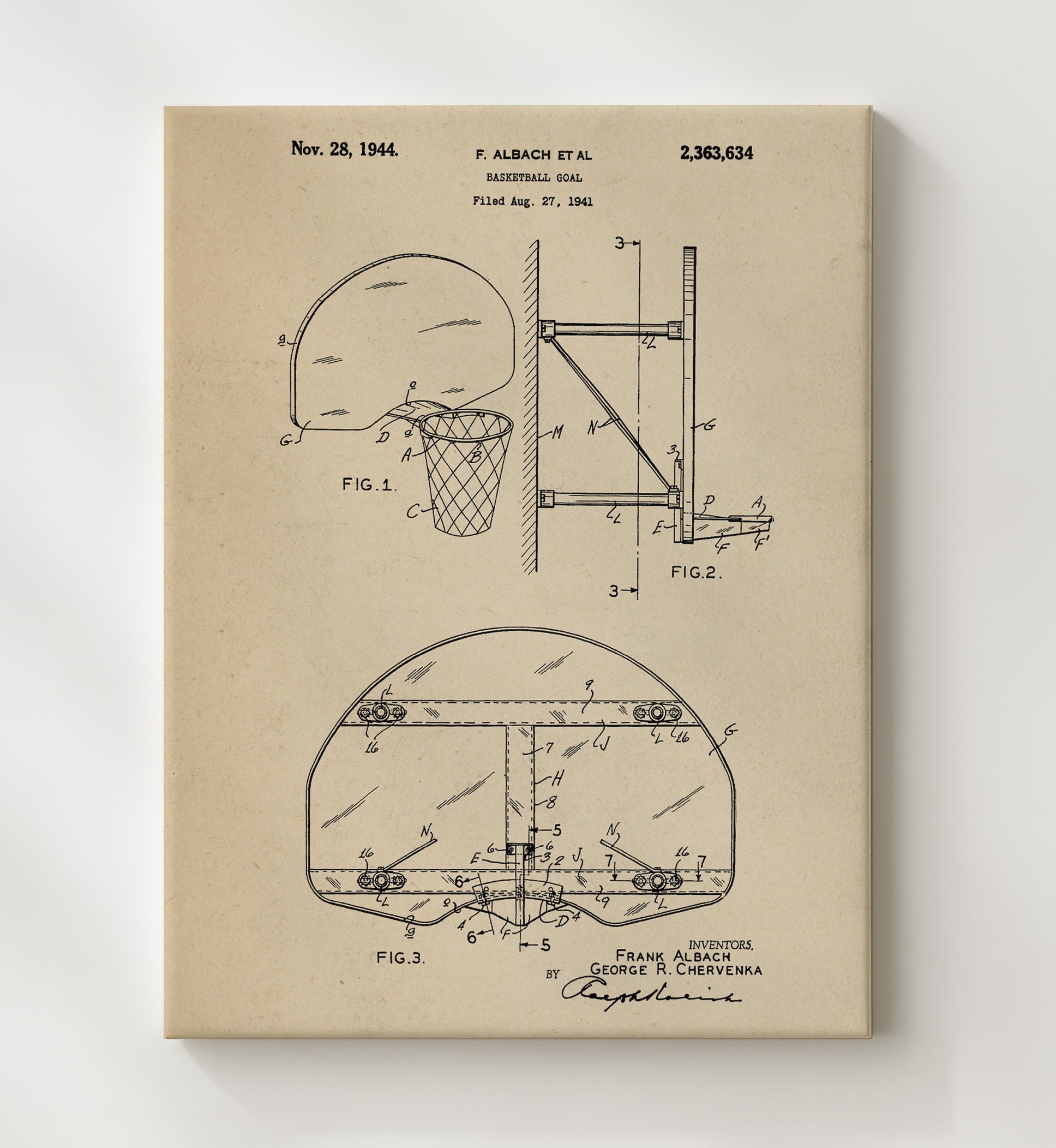 Patent Print - Basketball Goal - F Albach Et Al - 1944 - Patent 2363634 Patent Wall Art