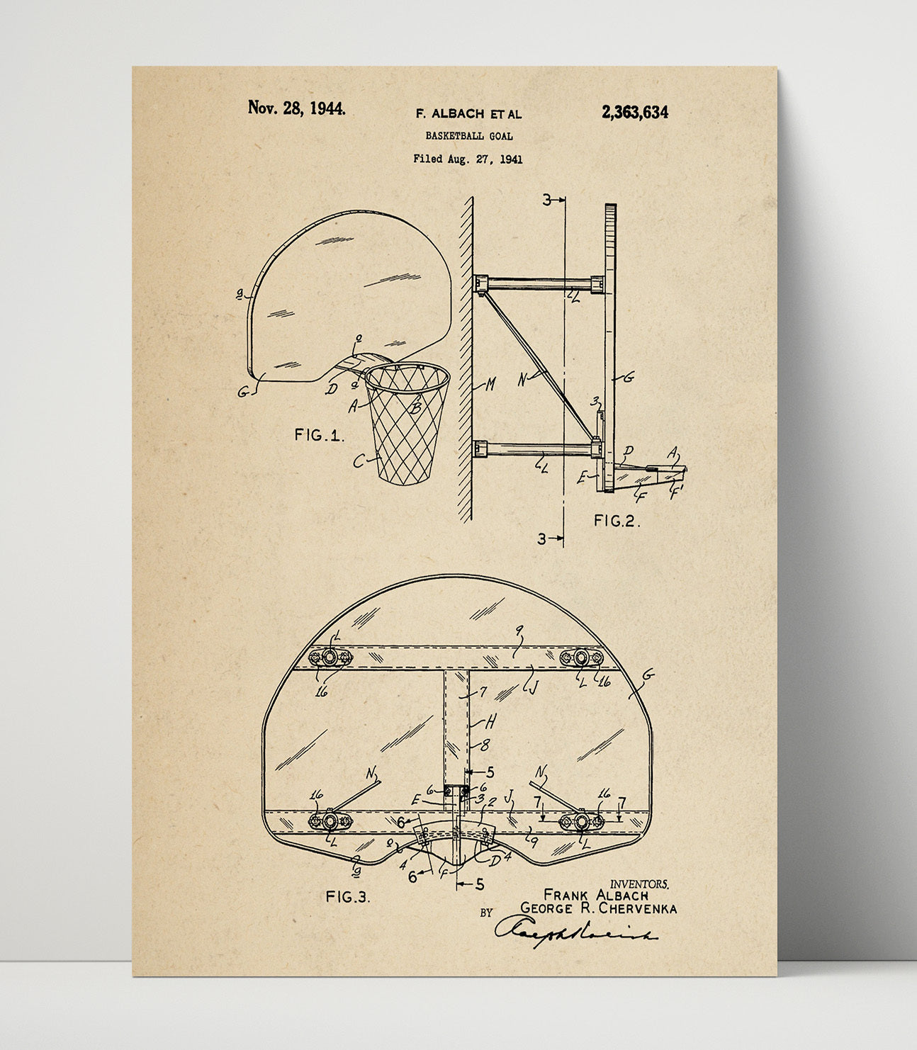 Patent Print - Basketball Goal - F Albach Et Al - 1944 - Patent 2363634 Patent Wall Art