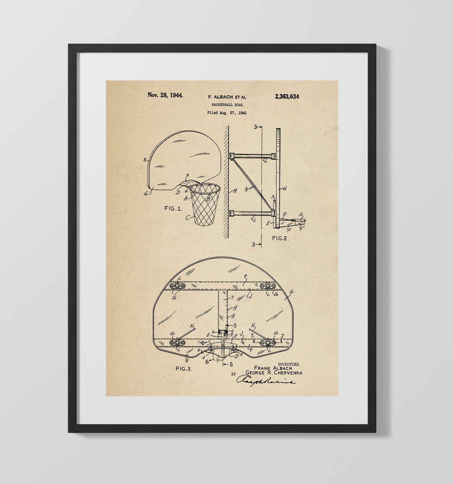 Patent Print - Basketball Goal - F Albach Et Al - 1944 - Patent 2363634 Patent Wall Art
