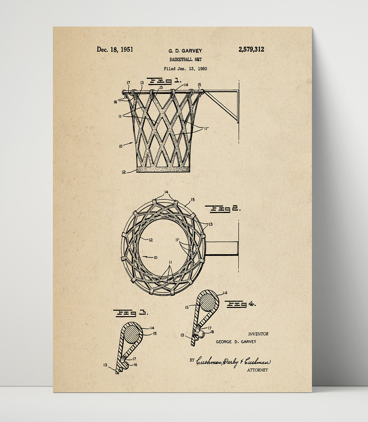 Patent Print - Basketball Net - G D Garvey - 1951 - Patent 2579312 Patent Wall Art