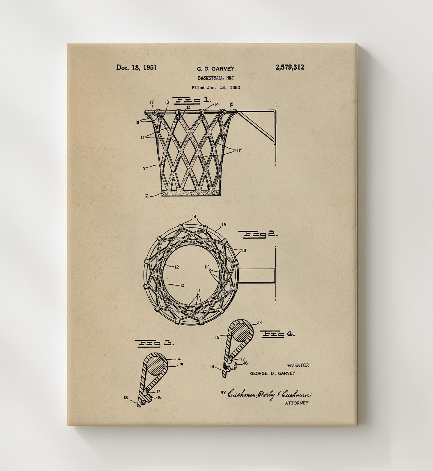 Patent Print - Basketball Net - G D Garvey - 1951 - Patent 2579312 Patent Wall Art