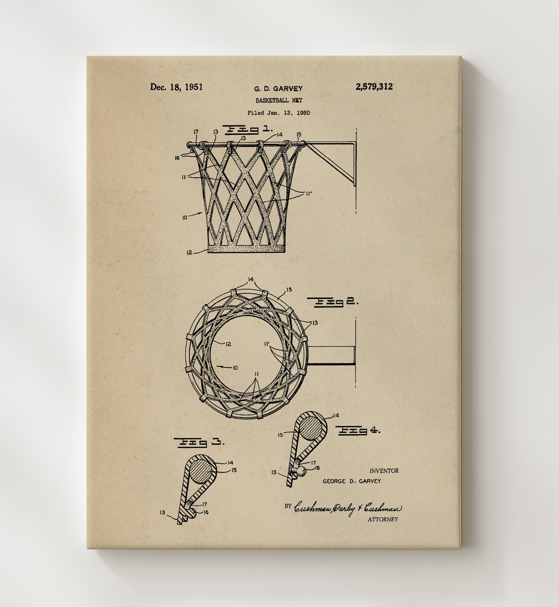 Patent Print - Basketball Net - G D Garvey - 1951 - Patent 2579312 Patent Wall Art