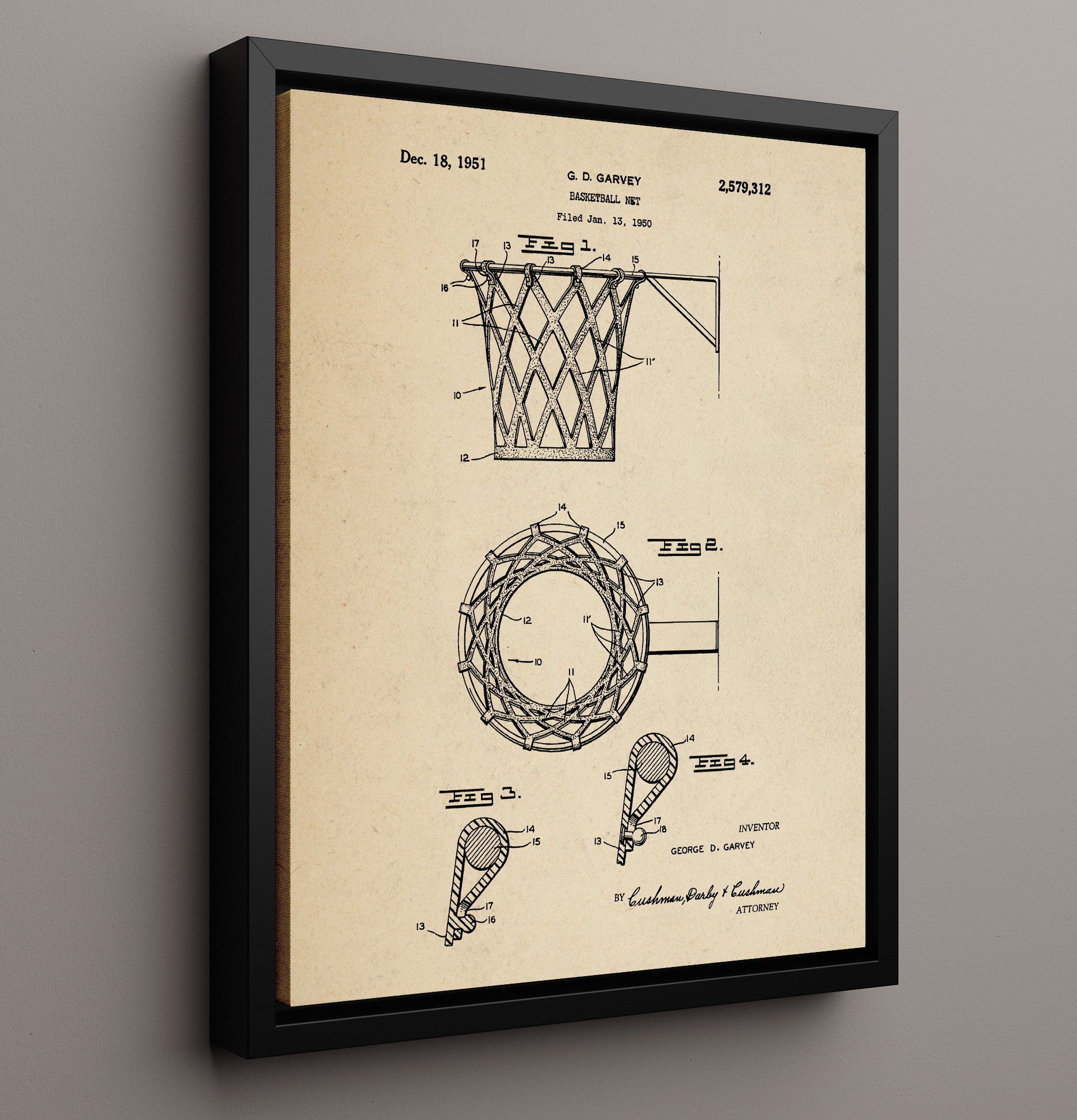 Patent Print - Basketball Net - G D Garvey - 1951 - Patent 2579312 Patent Wall Art