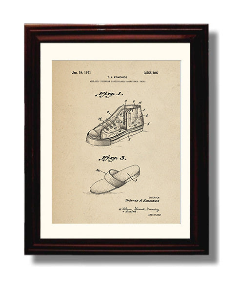 Patent Print - Basketball Shoes - T A Edmonds - 1971 - Patent 3555706 Patent Wall Art