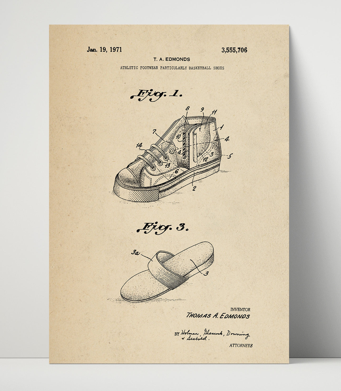 Patent Print - Basketball Shoes - T A Edmonds - 1971 - Patent 3555706 Patent Wall Art