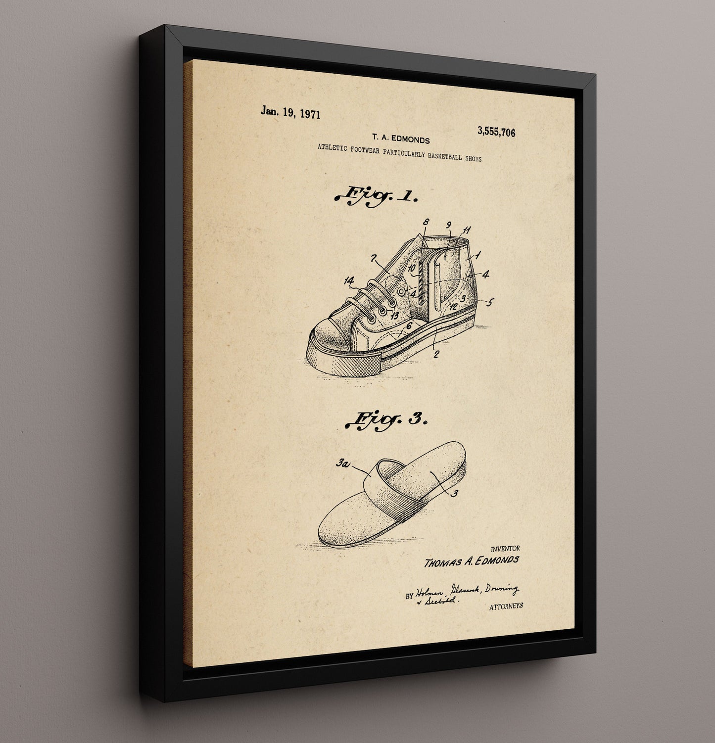 Patent Print - Basketball Shoes - T A Edmonds - 1971 - Patent 3555706 Patent Wall Art