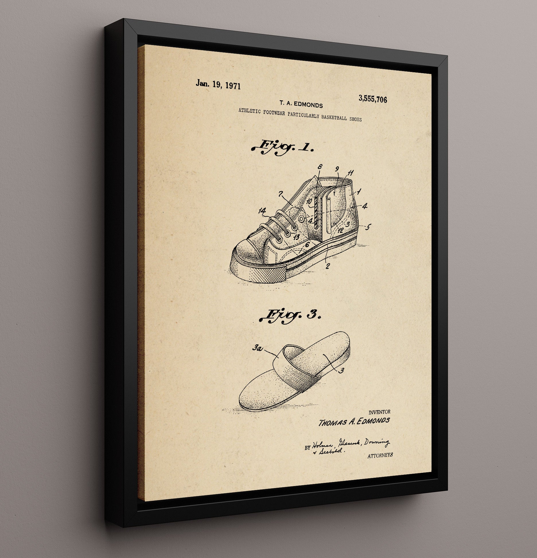 Patent Print - Basketball Shoes - T A Edmonds - 1971 - Patent 3555706 Patent Wall Art