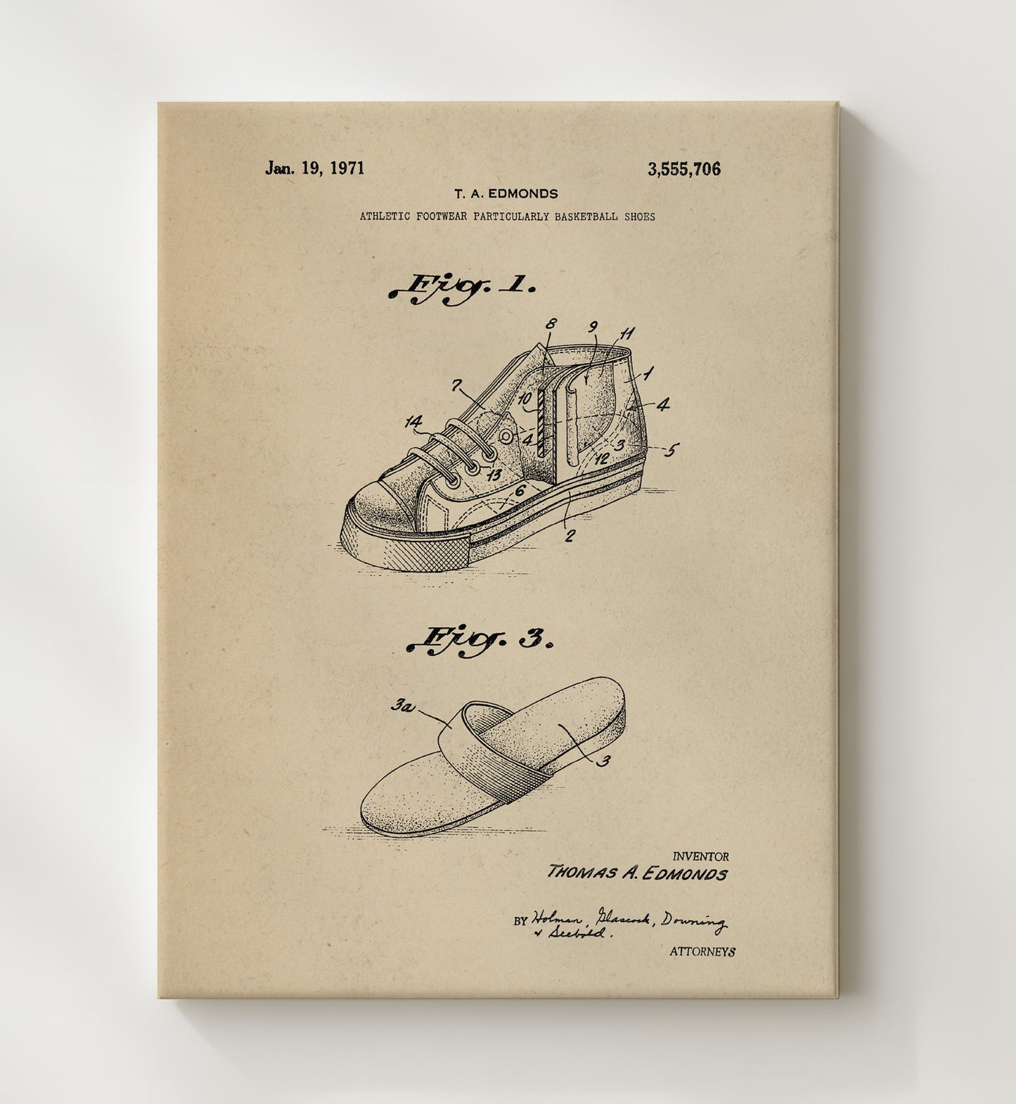 Patent Print - Basketball Shoes - T A Edmonds - 1971 - Patent 3555706 Patent Wall Art