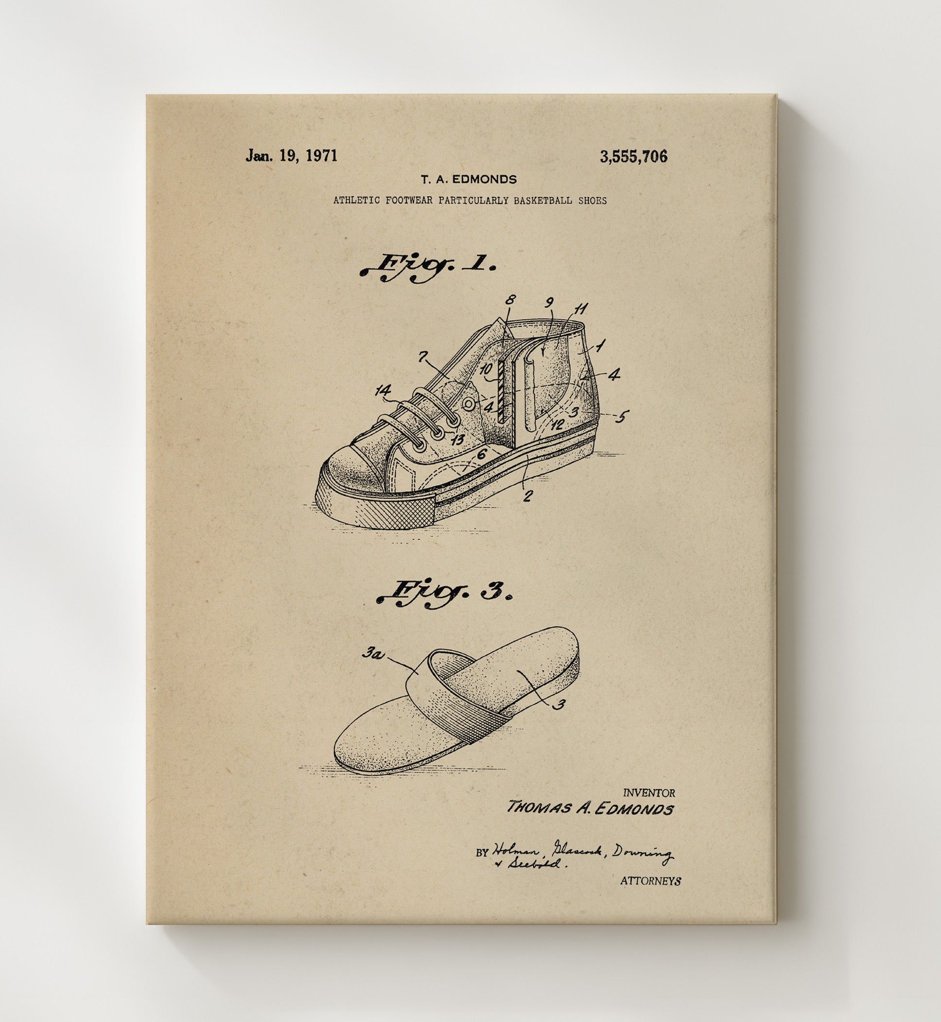 Patent Print - Basketball Shoes - T A Edmonds - 1971 - Patent 3555706 Patent Wall Art