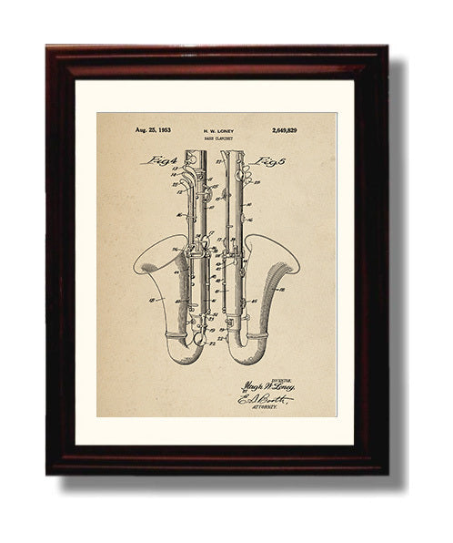 Patent Print - Bass Clarinet - Hugh W. Loney - 1953 - Patent 2649829 Patent Wall Art
