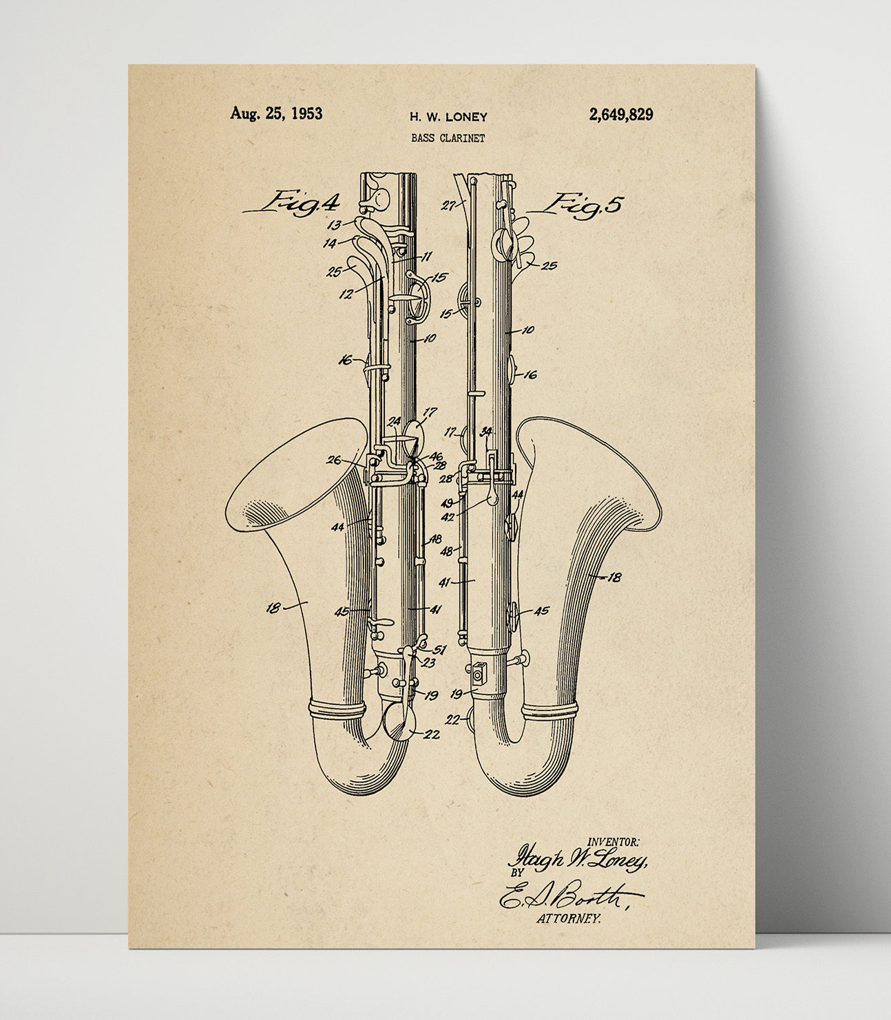 Patent Print - Bass Clarinet - Hugh W. Loney - 1953 - Patent 2649829 Patent Wall Art