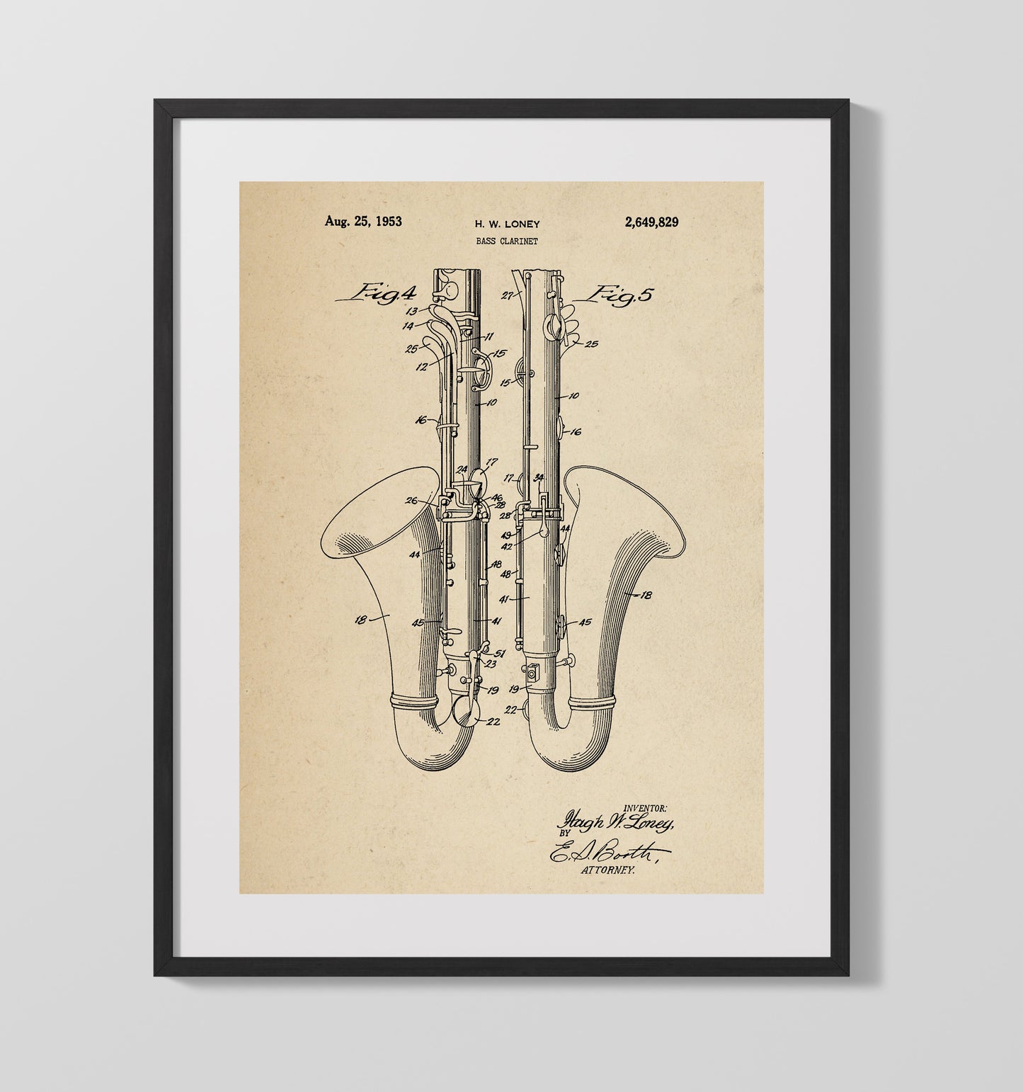 Patent Print - Bass Clarinet - Hugh W. Loney - 1953 - Patent 2649829 Patent Wall Art