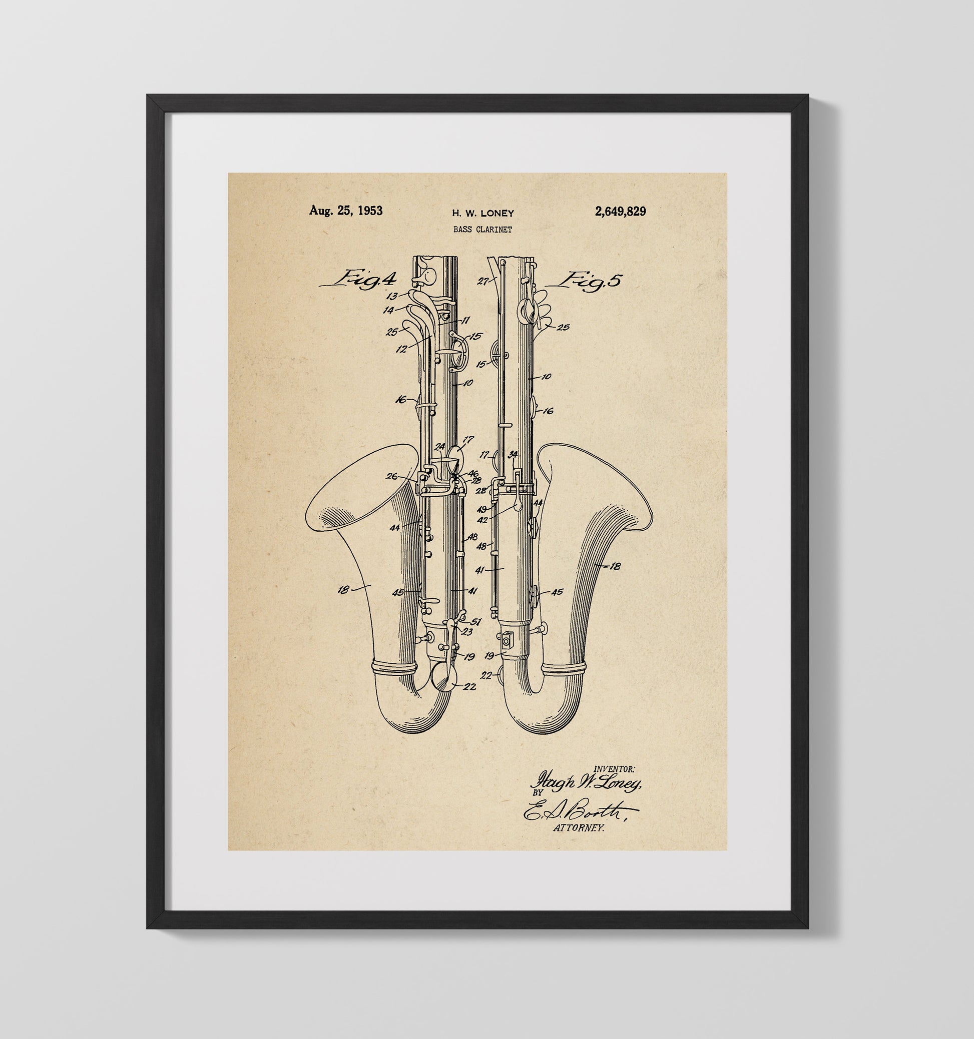 Patent Print - Bass Clarinet - Hugh W. Loney - 1953 - Patent 2649829 Patent Wall Art