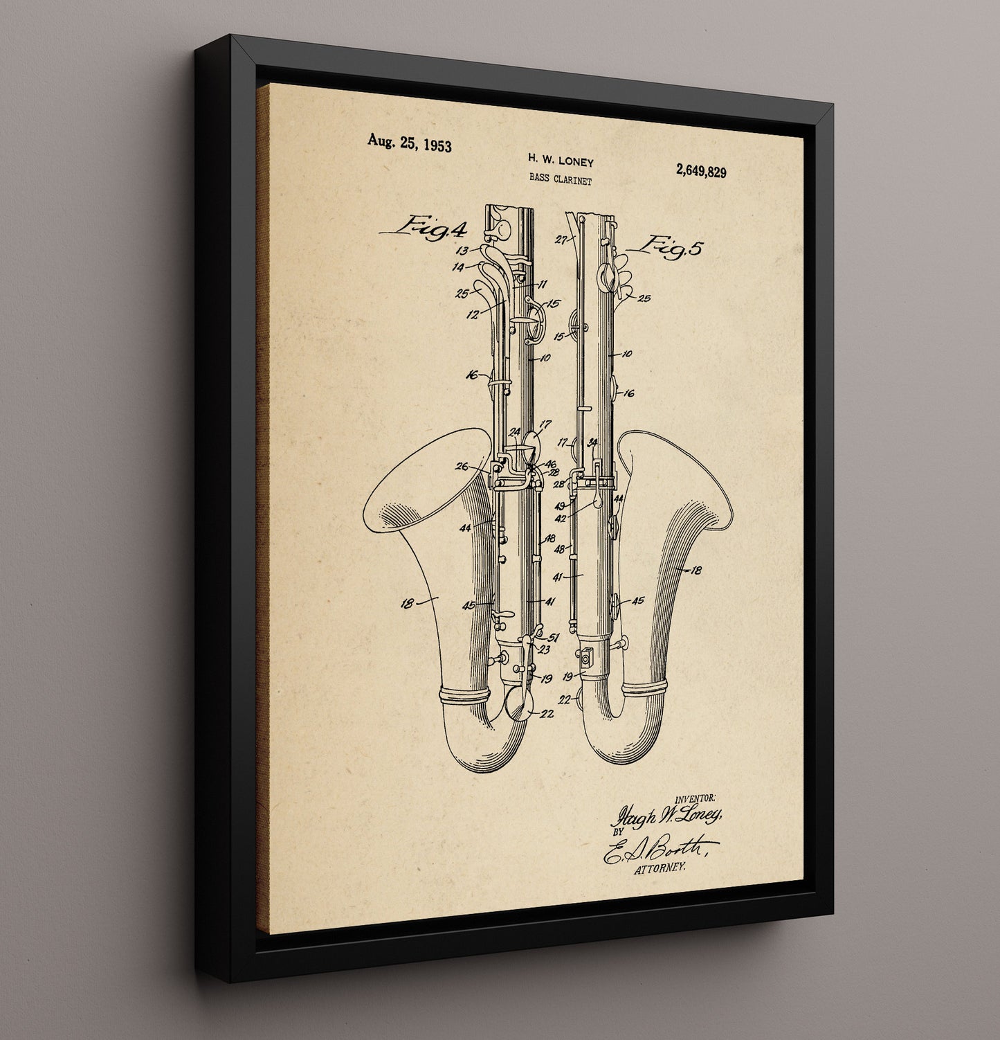 Patent Print - Bass Clarinet - Hugh W. Loney - 1953 - Patent 2649829 Patent Wall Art