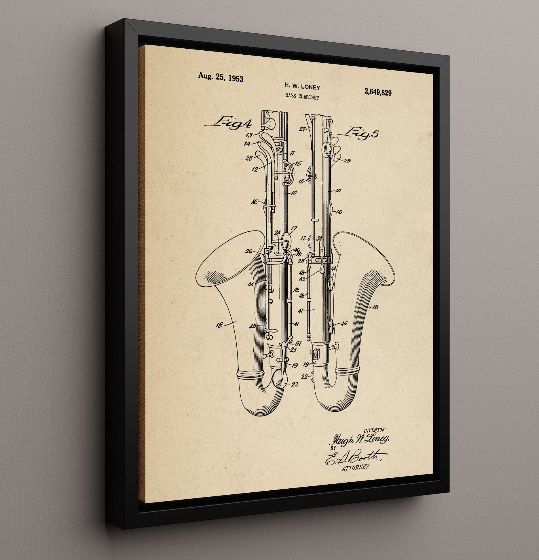 Patent Print - Bass Clarinet - Hugh W. Loney - 1953 - Patent 2649829 Patent Wall Art