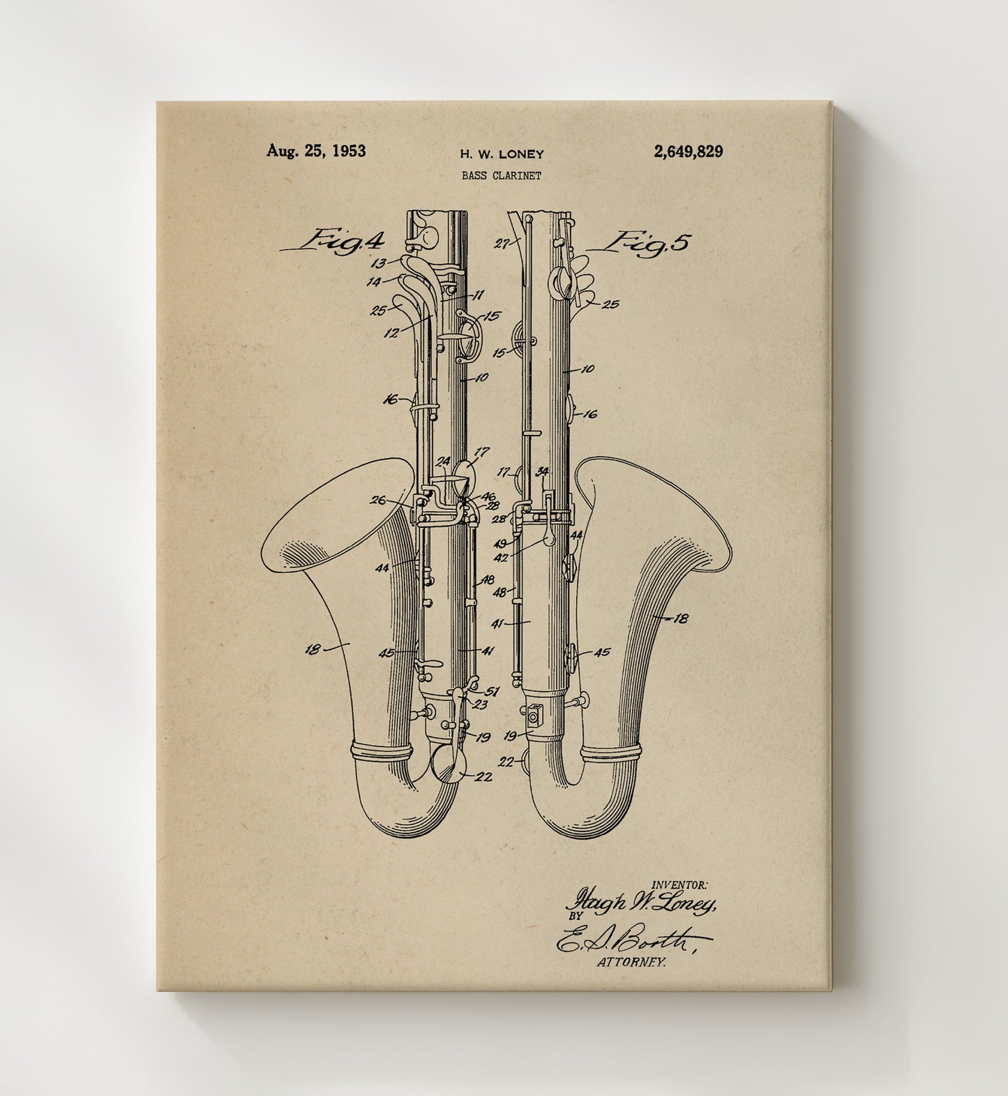 Patent Print - Bass Clarinet - Hugh W. Loney - 1953 - Patent 2649829 Patent Wall Art