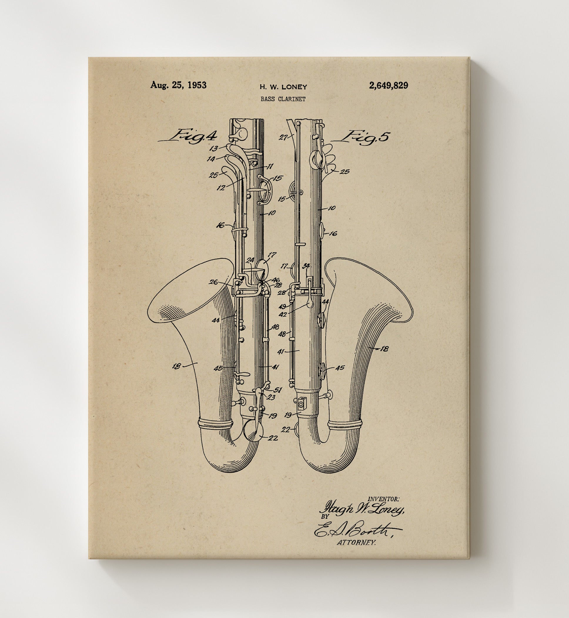 Patent Print - Bass Clarinet - Hugh W. Loney - 1953 - Patent 2649829 Patent Wall Art