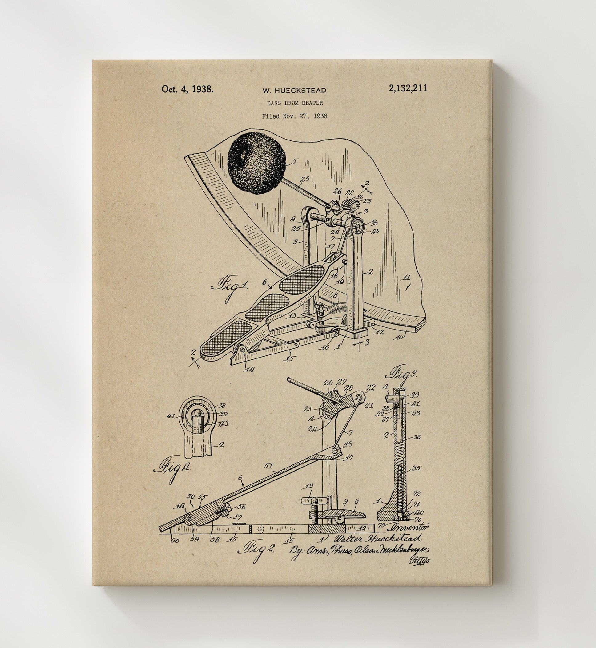 Patent Print - Bass Drum Beater - W. Hueckstead - 1938 - Patent 2132211 Patent Wall Art