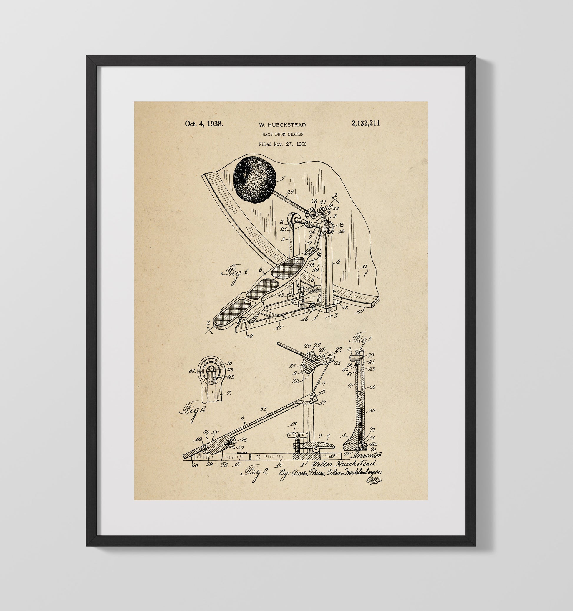 Patent Print - Bass Drum Beater - W. Hueckstead - 1938 - Patent 2132211 Patent Wall Art