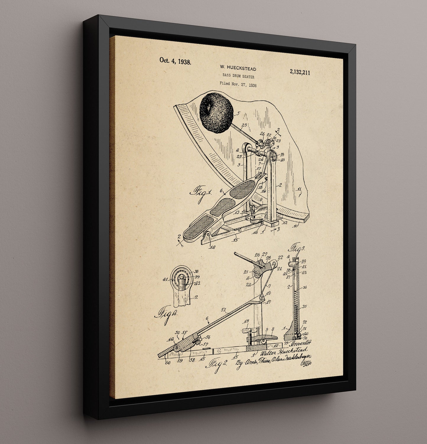 Patent Print - Bass Drum Beater - W. Hueckstead - 1938 - Patent 2132211 Patent Wall Art