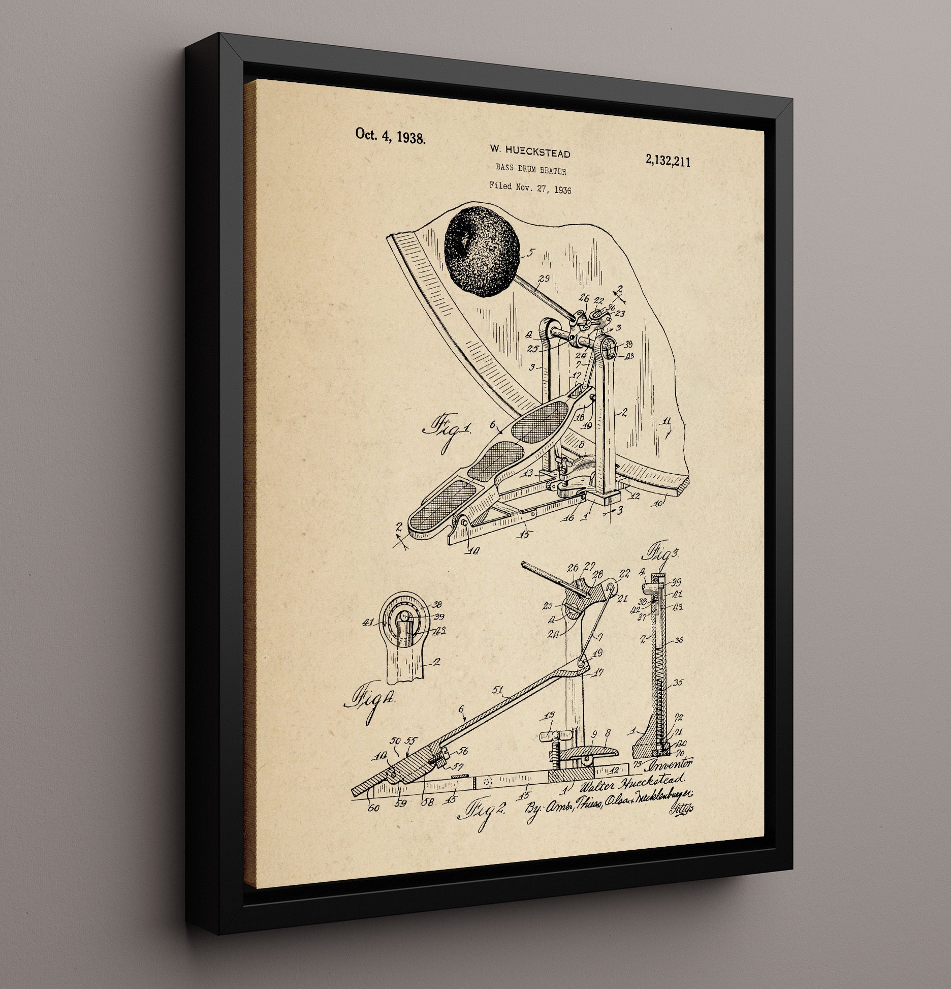 Patent Print - Bass Drum Beater - W. Hueckstead - 1938 - Patent 2132211 Patent Wall Art