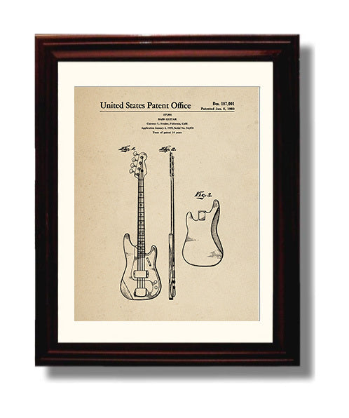 Patent Print - Bass Guitar - Clarence L. Fender - 1960 - Patent 187001 Patent Wall Art