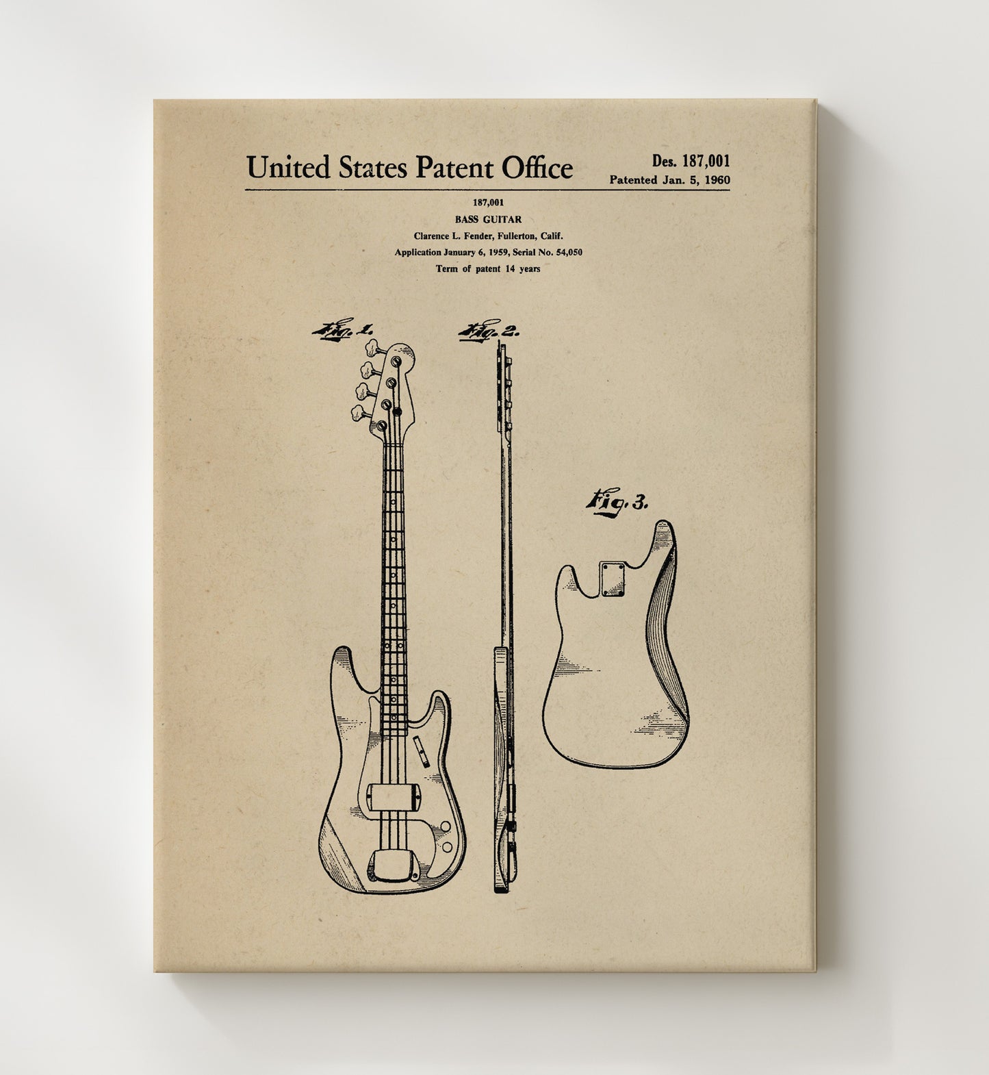 Patent Print - Bass Guitar - Clarence L. Fender - 1960 - Patent 187001 Patent Wall Art