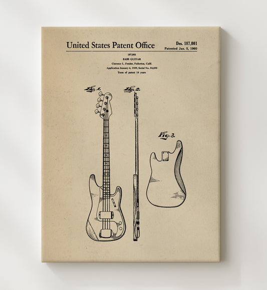 Bass Guitar 1960 patent print wall art 8x10 Canvas