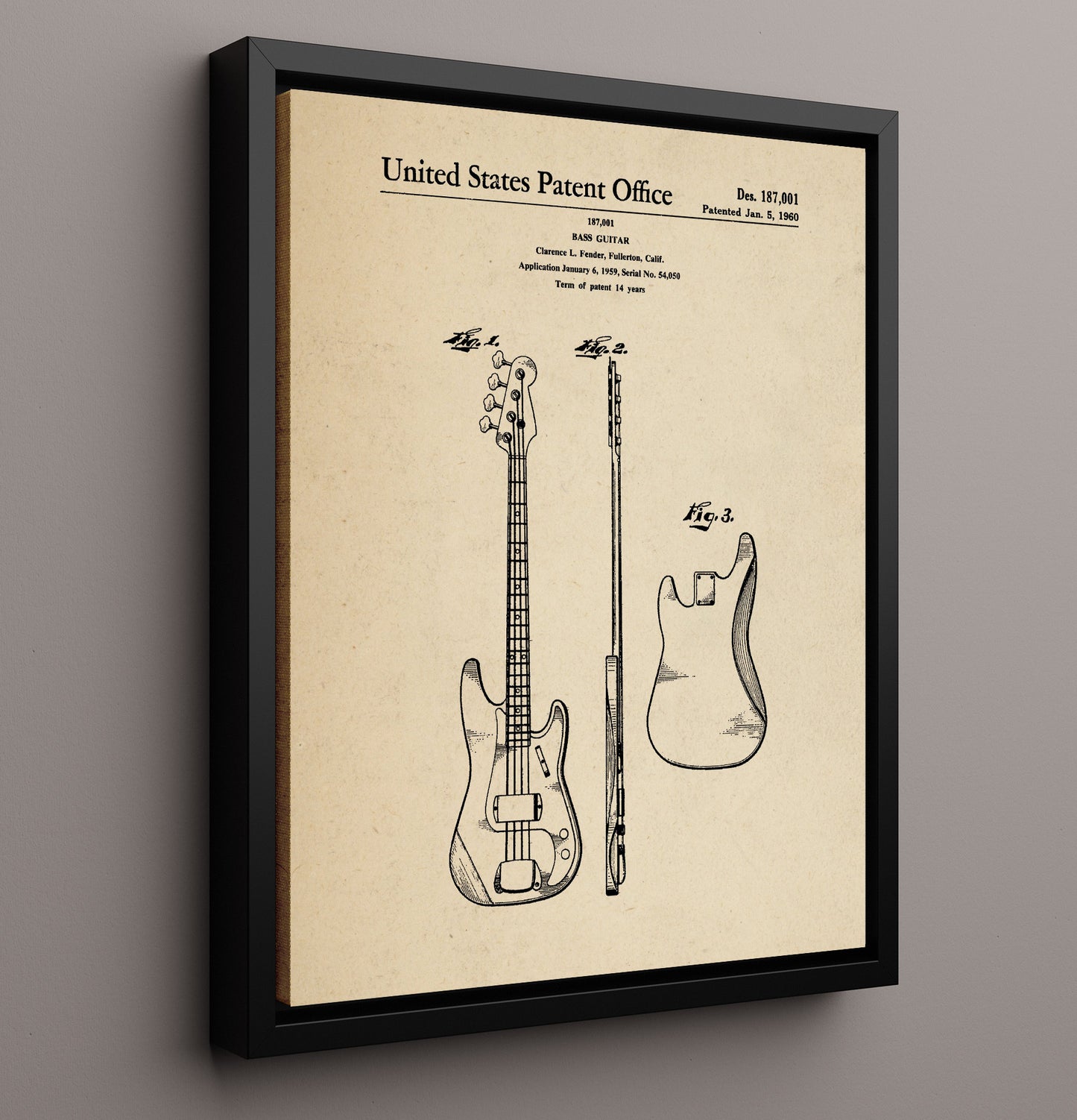 Patent Print - Bass Guitar - Clarence L. Fender - 1960 - Patent 187001 Patent Wall Art