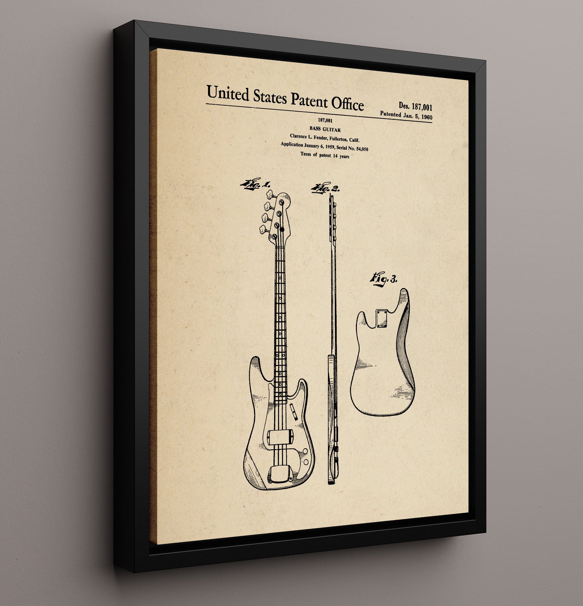 Patent Print - Bass Guitar - Clarence L. Fender - 1960 - Patent 187001 Patent Wall Art