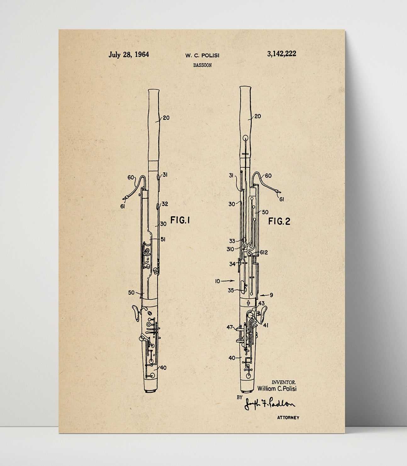 Patent Print - Bassoon - William C. Polisi - 1964 - Patent 3142222 Patent Wall Art