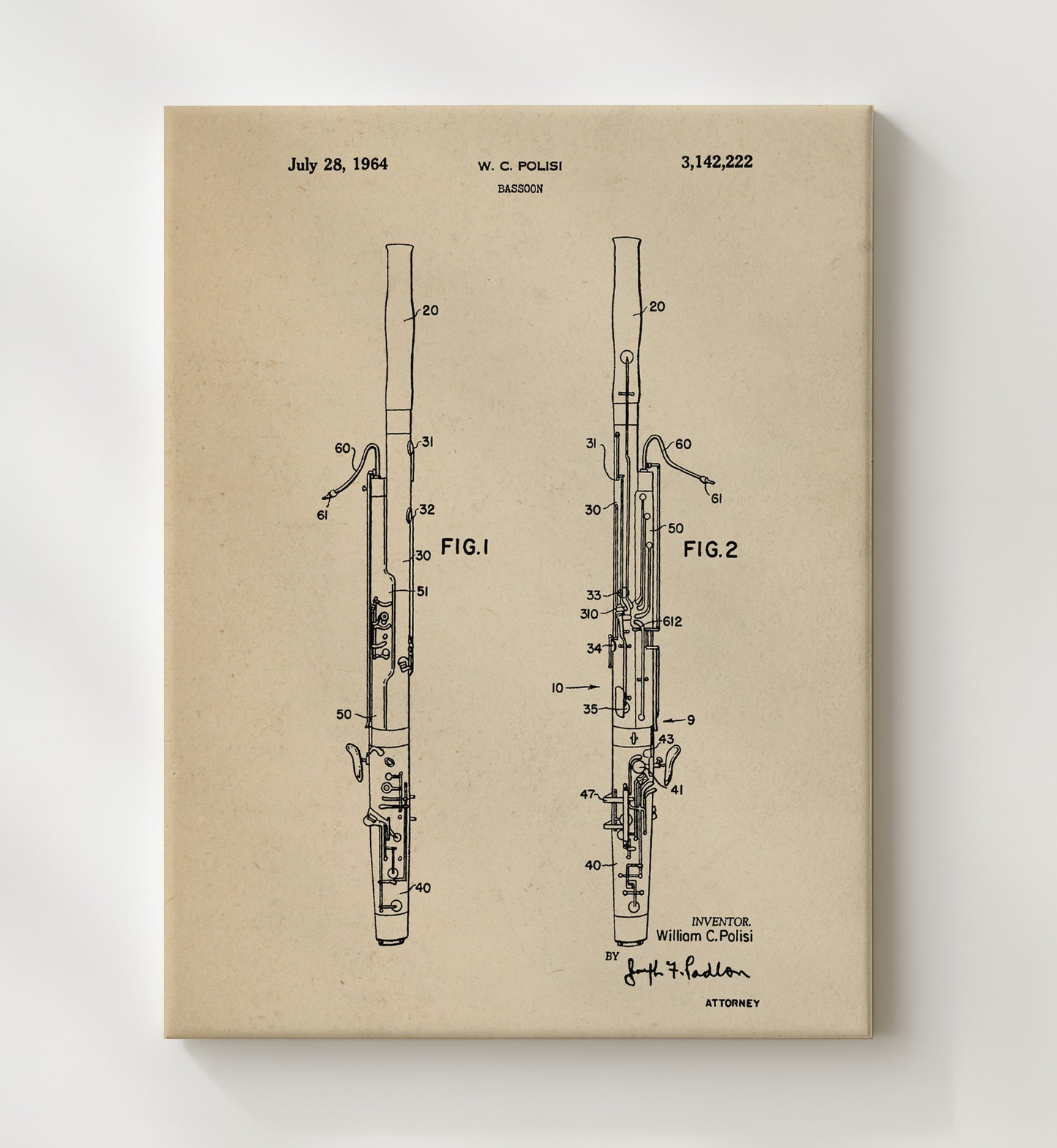 Patent Print - Bassoon - William C. Polisi - 1964 - Patent 3142222 Patent Wall Art