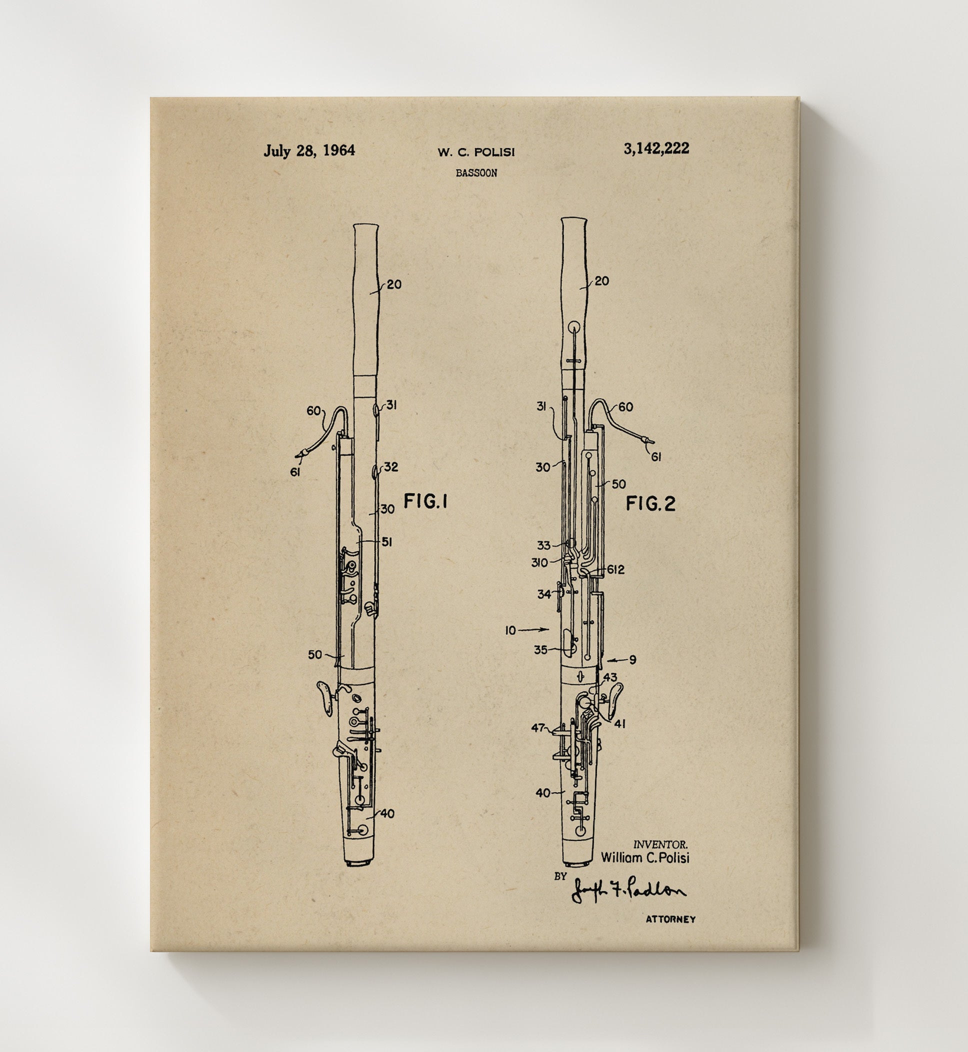 Patent Print - Bassoon - William C. Polisi - 1964 - Patent 3142222 Patent Wall Art