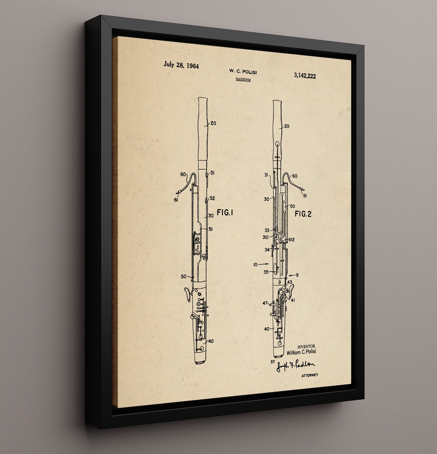 Patent Print - Bassoon - William C. Polisi - 1964 - Patent 3142222 Patent Wall Art