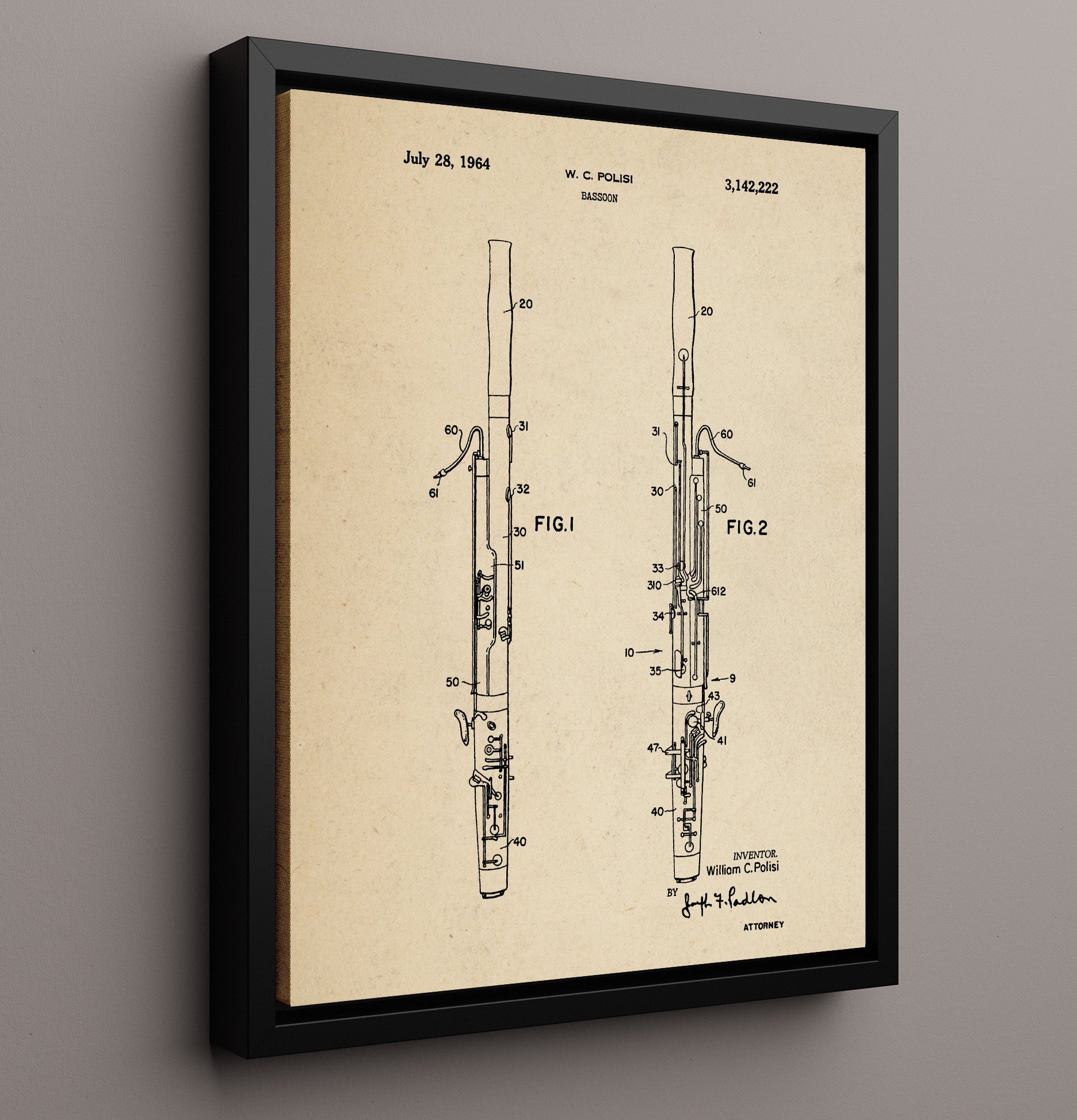 Patent Print - Bassoon - William C. Polisi - 1964 - Patent 3142222 Patent Wall Art