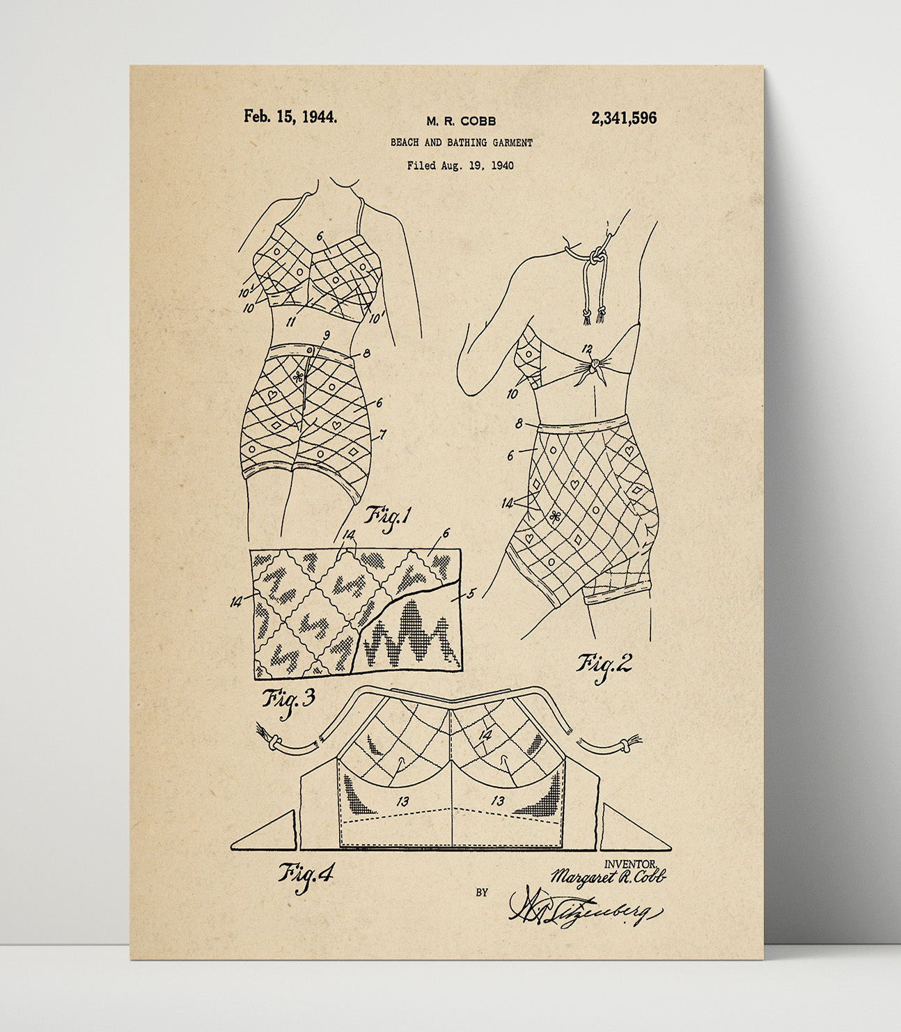 Patent Print - Beach And Bathing Garment - Margaret R. Cobb - 1944 - Patent 2341596 Patent Wall Art