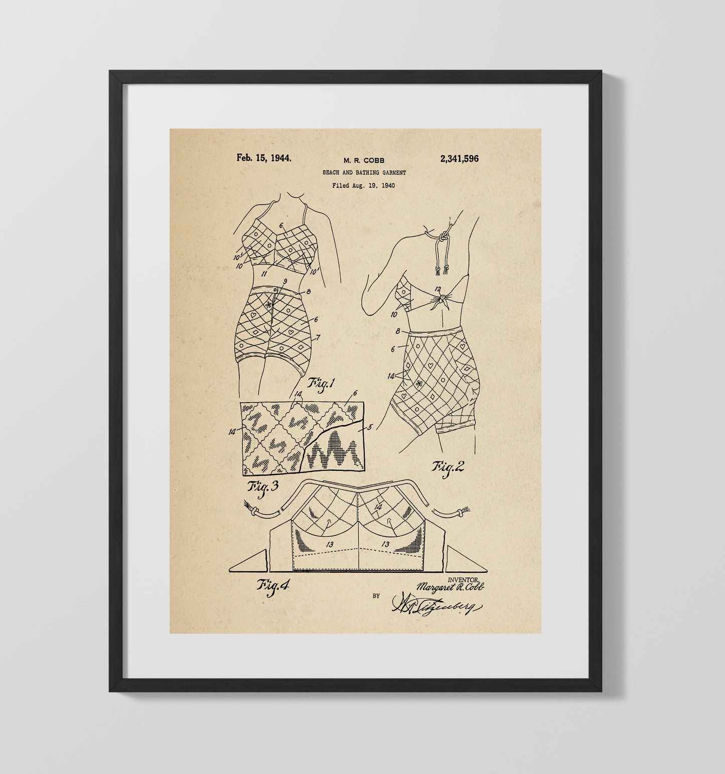 Patent Print - Beach And Bathing Garment - Margaret R. Cobb - 1944 - Patent 2341596 Patent Wall Art