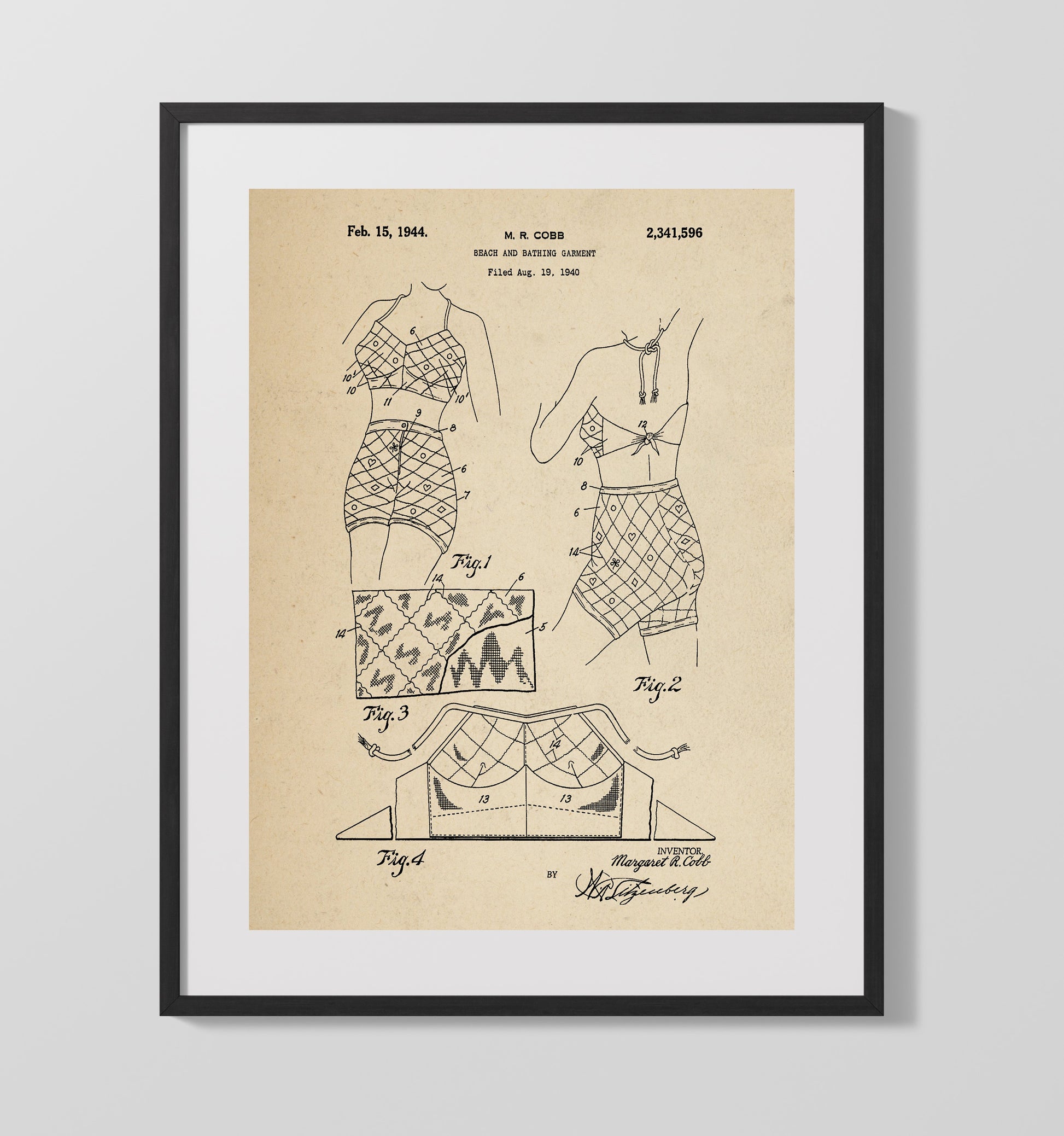 Patent Print - Beach And Bathing Garment - Margaret R. Cobb - 1944 - Patent 2341596 Patent Wall Art
