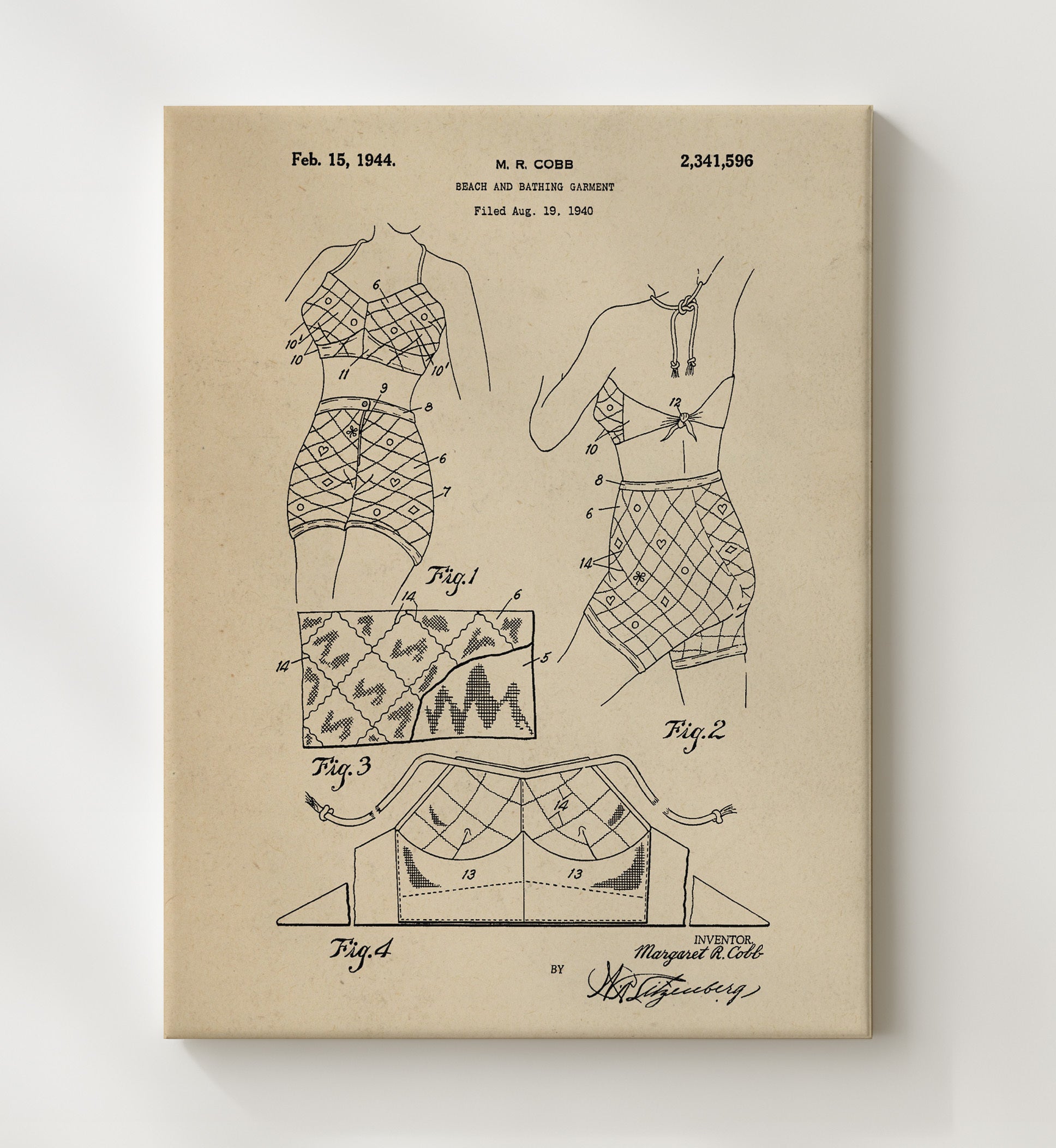 Patent Print - Beach And Bathing Garment - Margaret R. Cobb - 1944 - Patent 2341596 Patent Wall Art