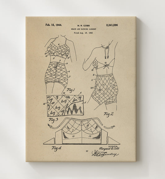 Beach And Bathing Garment 1944 patent print wall art 8x10 Canvas