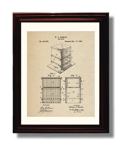 Patent Print - Bee Hive - W.P. Hamlin - 1885 - Patent 330478 Patent Wall Art