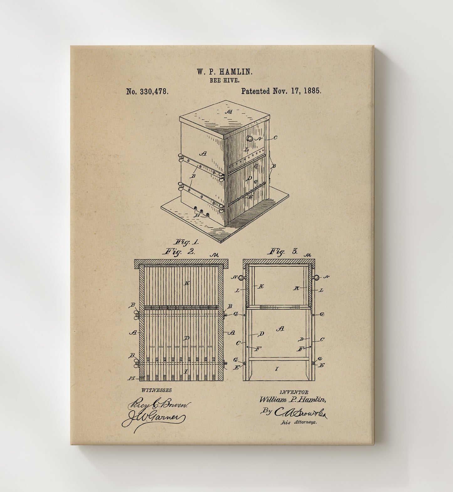 Patent Print - Bee Hive - W.P. Hamlin - 1885 - Patent 330478 Patent Wall Art