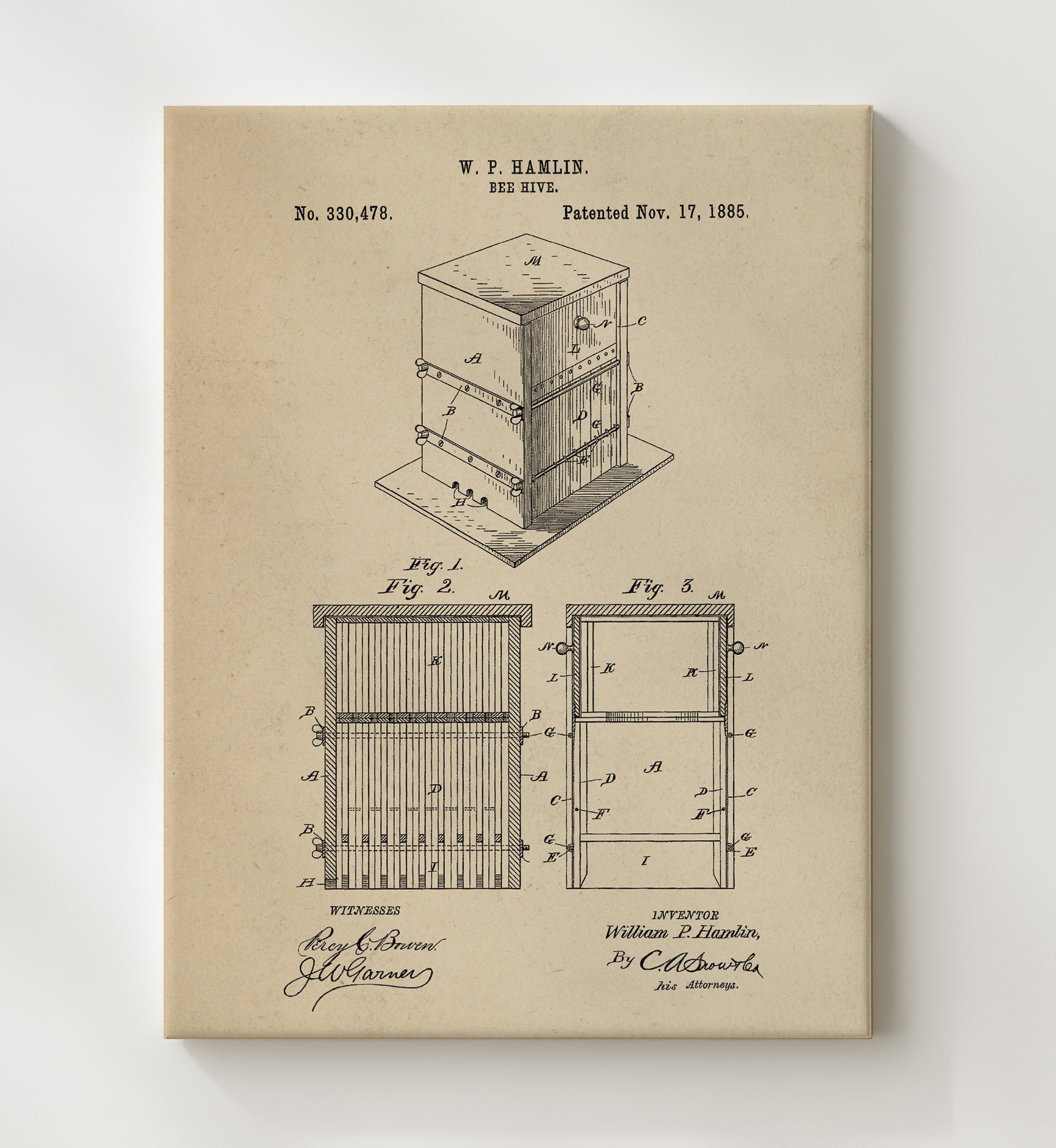 Patent Print - Bee Hive - W.P. Hamlin - 1885 - Patent 330478 Patent Wall Art