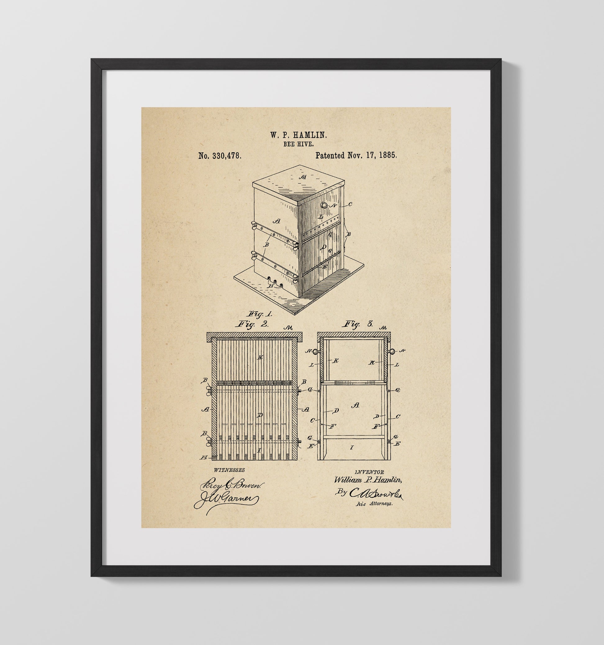 Patent Print - Bee Hive - W.P. Hamlin - 1885 - Patent 330478 Patent Wall Art
