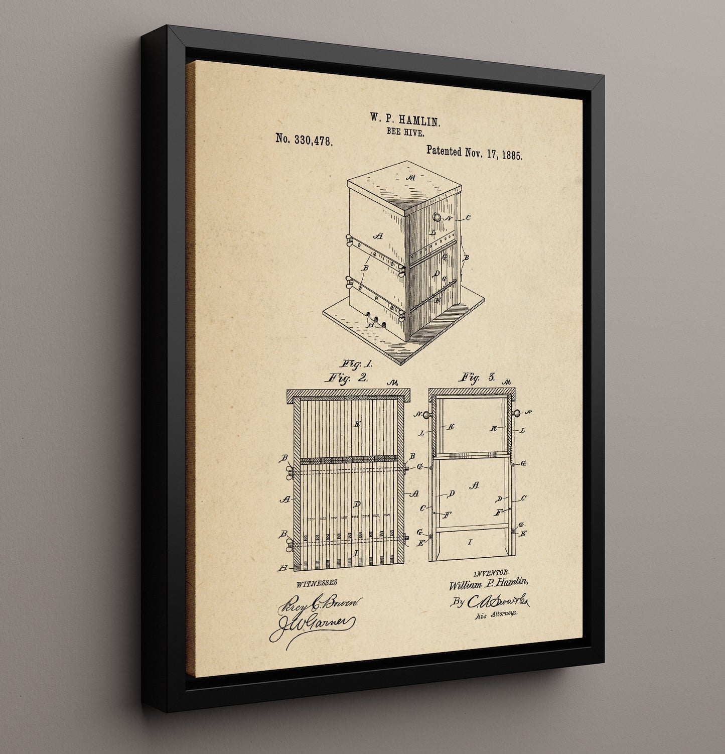 Patent Print - Bee Hive - W.P. Hamlin - 1885 - Patent 330478 Patent Wall Art