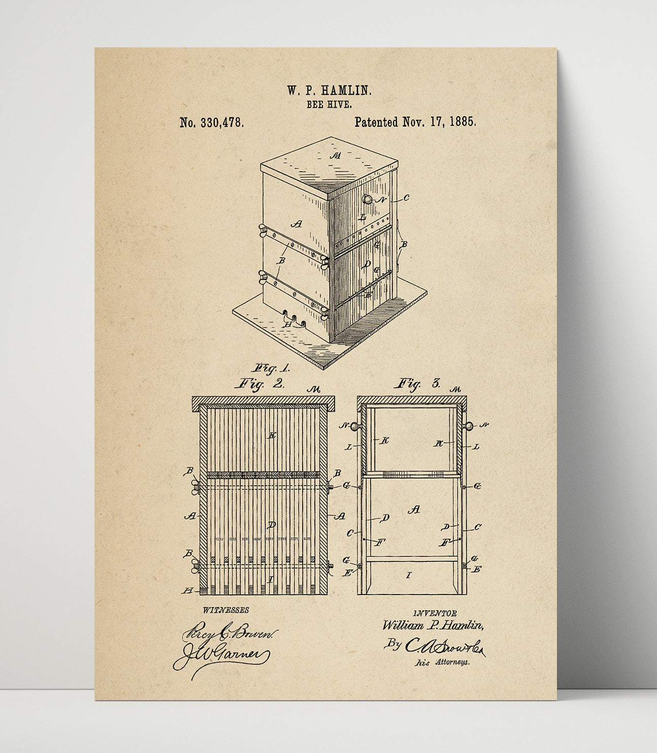 Patent Print - Bee Hive - W.P. Hamlin - 1885 - Patent 330478 Patent Wall Art