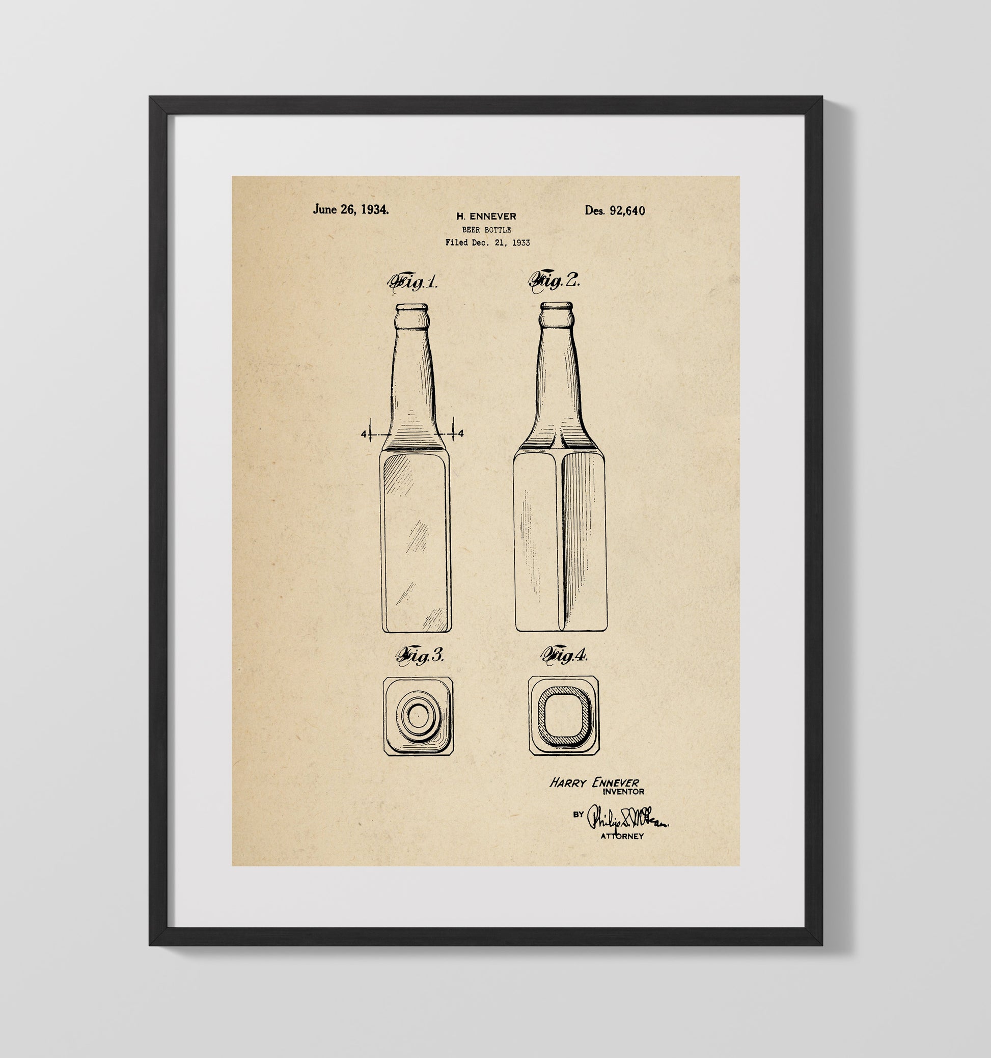 Patent Print - Beer Bottle - H. Ennever - 1934 - Patent D92640 Patent Wall Art