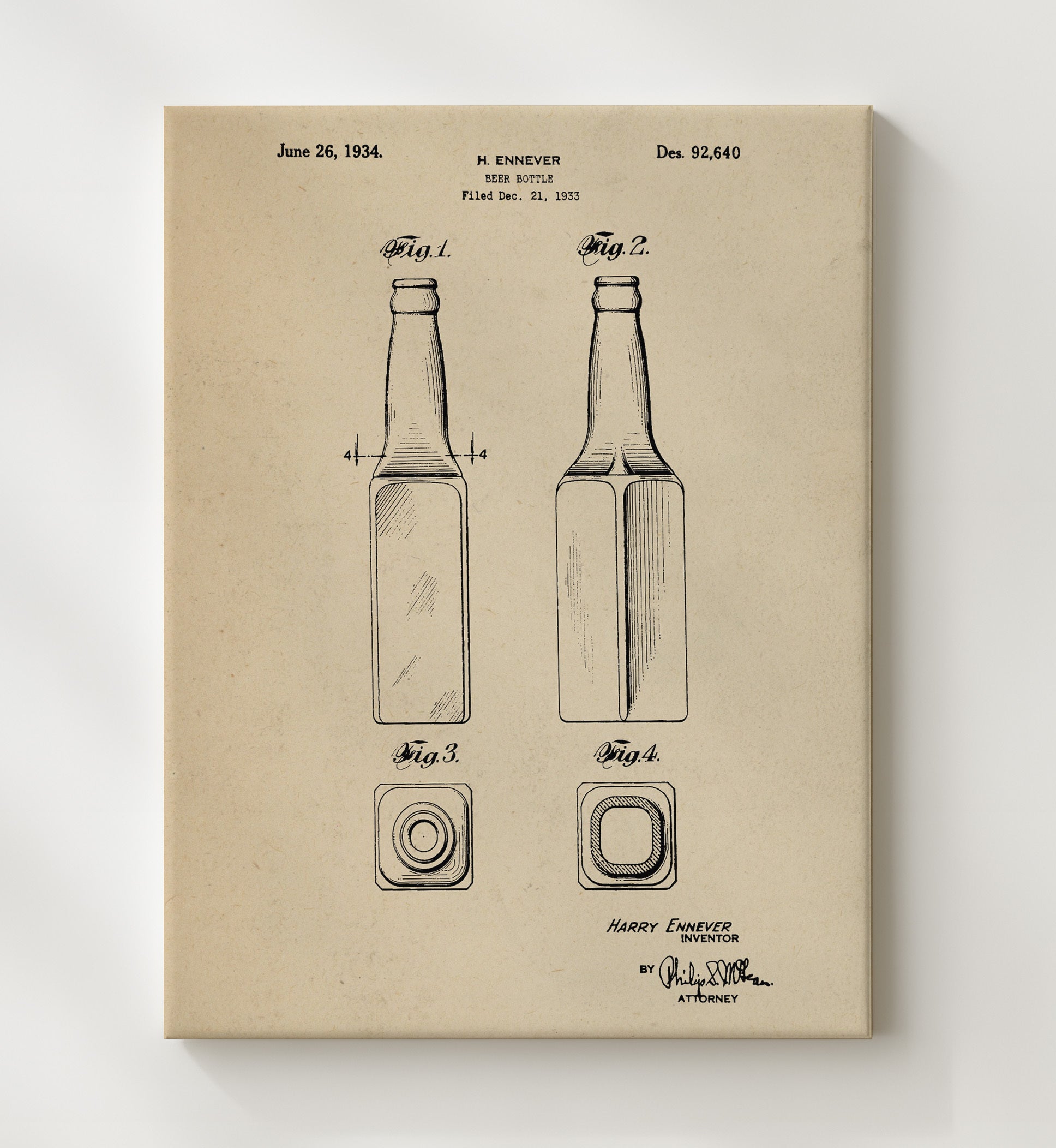 Patent Print - Beer Bottle - H. Ennever - 1934 - Patent D92640 Patent Wall Art