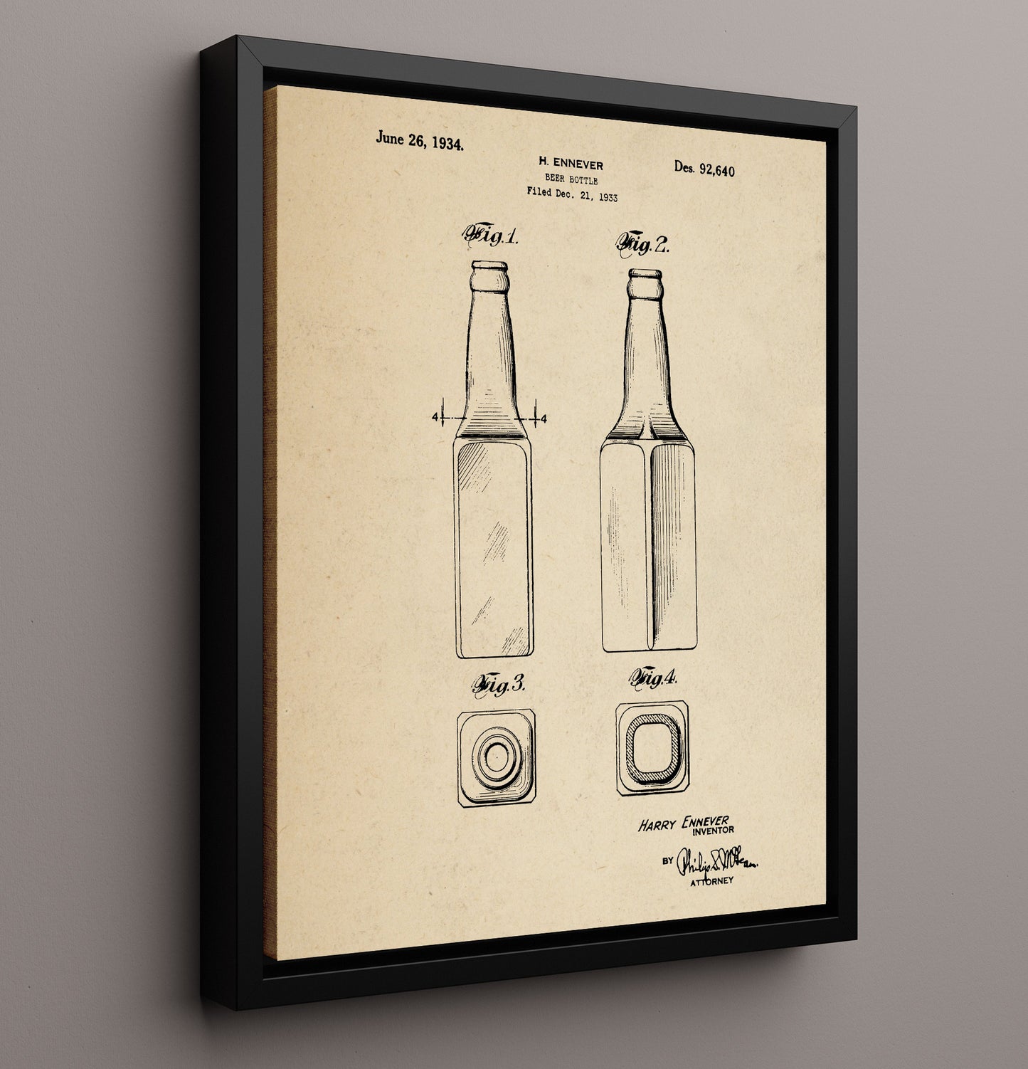Patent Print - Beer Bottle - H. Ennever - 1934 - Patent D92640 Patent Wall Art