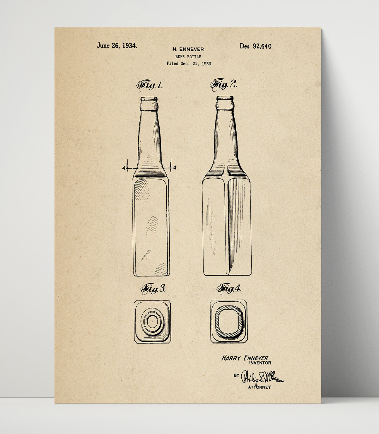 Patent Print - Beer Bottle - H. Ennever - 1934 - Patent D92640 Patent Wall Art